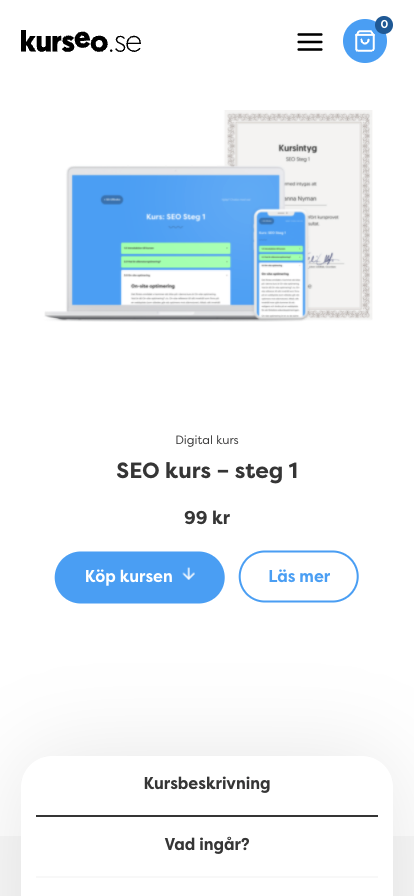 Mobil vy från Kurseos nya webbplats