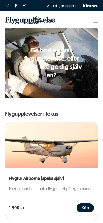 Mobil design från Flygupplevelses nya webbplats