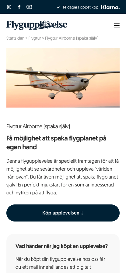 Mobil design från Flygupplevelses nya webbplats