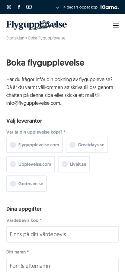 Mobil design från Flygupplevelses nya webbplats