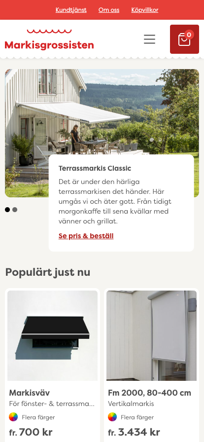 Mobile design from Markisgrossisten's new website