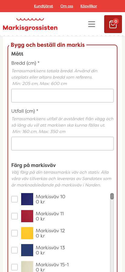 Mobile design from Markisgrossisten's new website