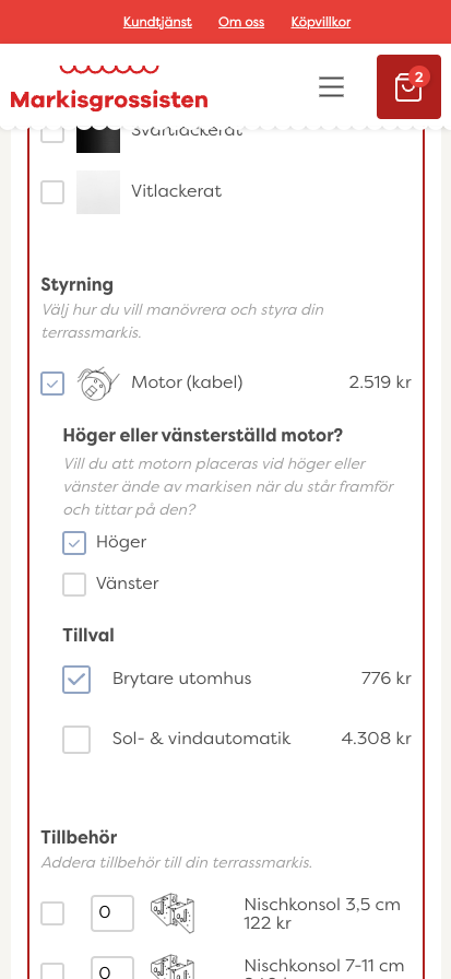 Mobil design från Markisgrossistens nya webbplats