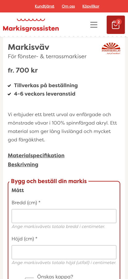 Mobil design från Markisgrossistens nya webbplats