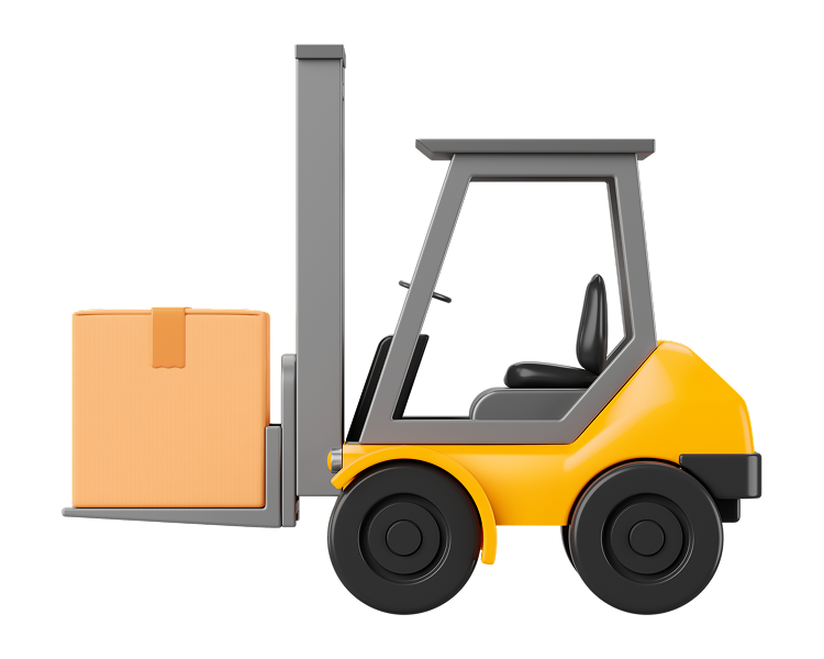 3D-illustration av en gul gaffeltruck som lyfter en låda.