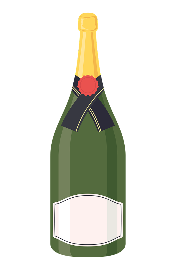 Illustration av en grön champagneflaska med guldfärgad hals och ett tomt vitt etikett.