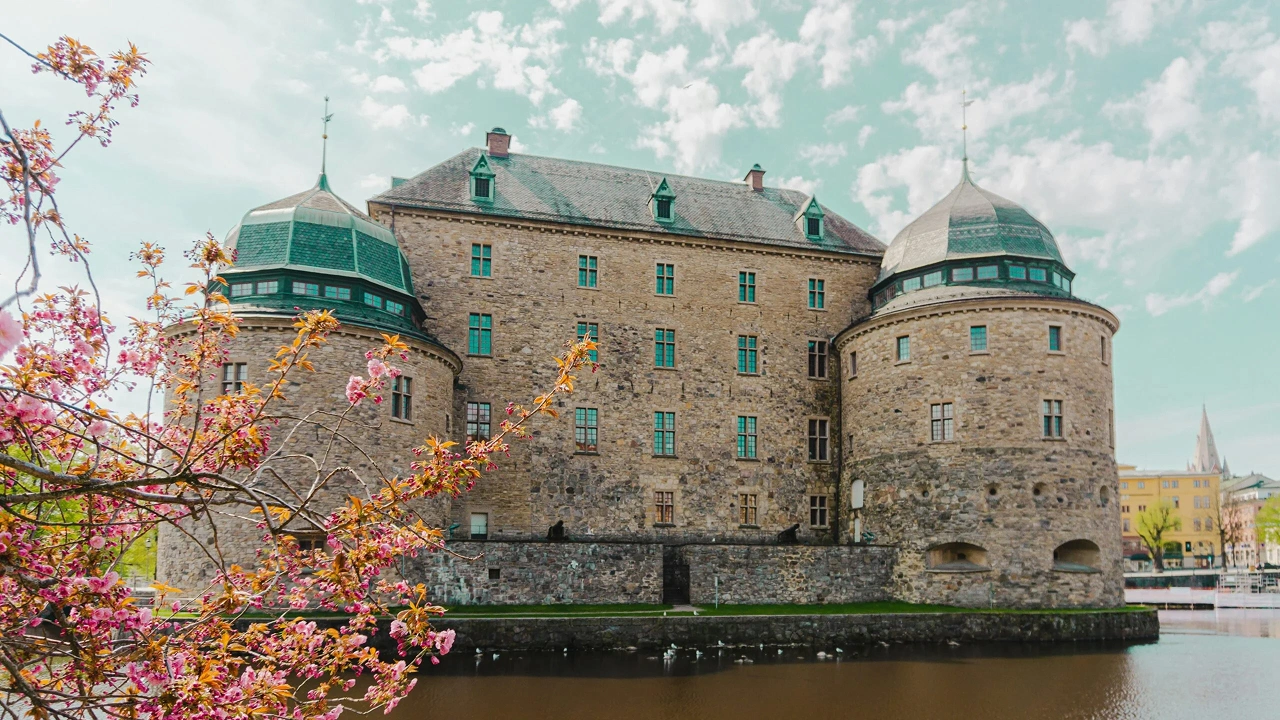 Örebro slott med gröna kupoltak, sett från marknivå med ett blommande träd i förgrunden och vatten framför.